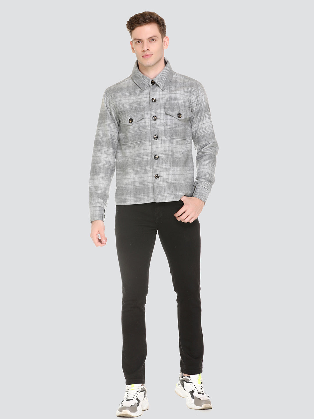 HONNETE Men Grey Checked Acrylic Lightweight Tailored Jacket