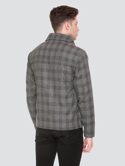 HONNETE Men Grey Checked Acrylic Lightweight Outdoor Tailored Jacket