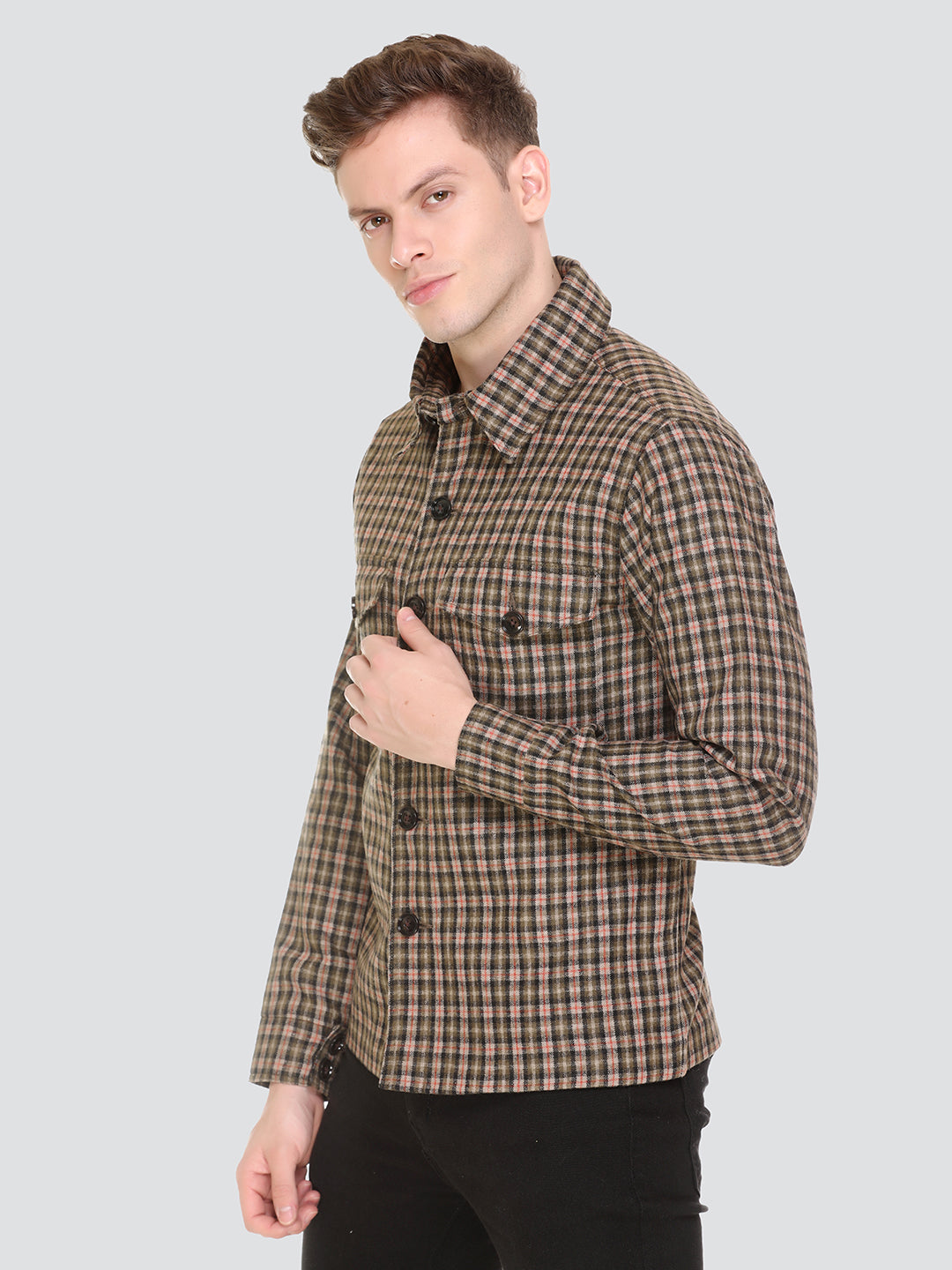 HONNETE Men Olive Green Beige Checked Acrylic Lightweight Outdoor Tailored Jacket