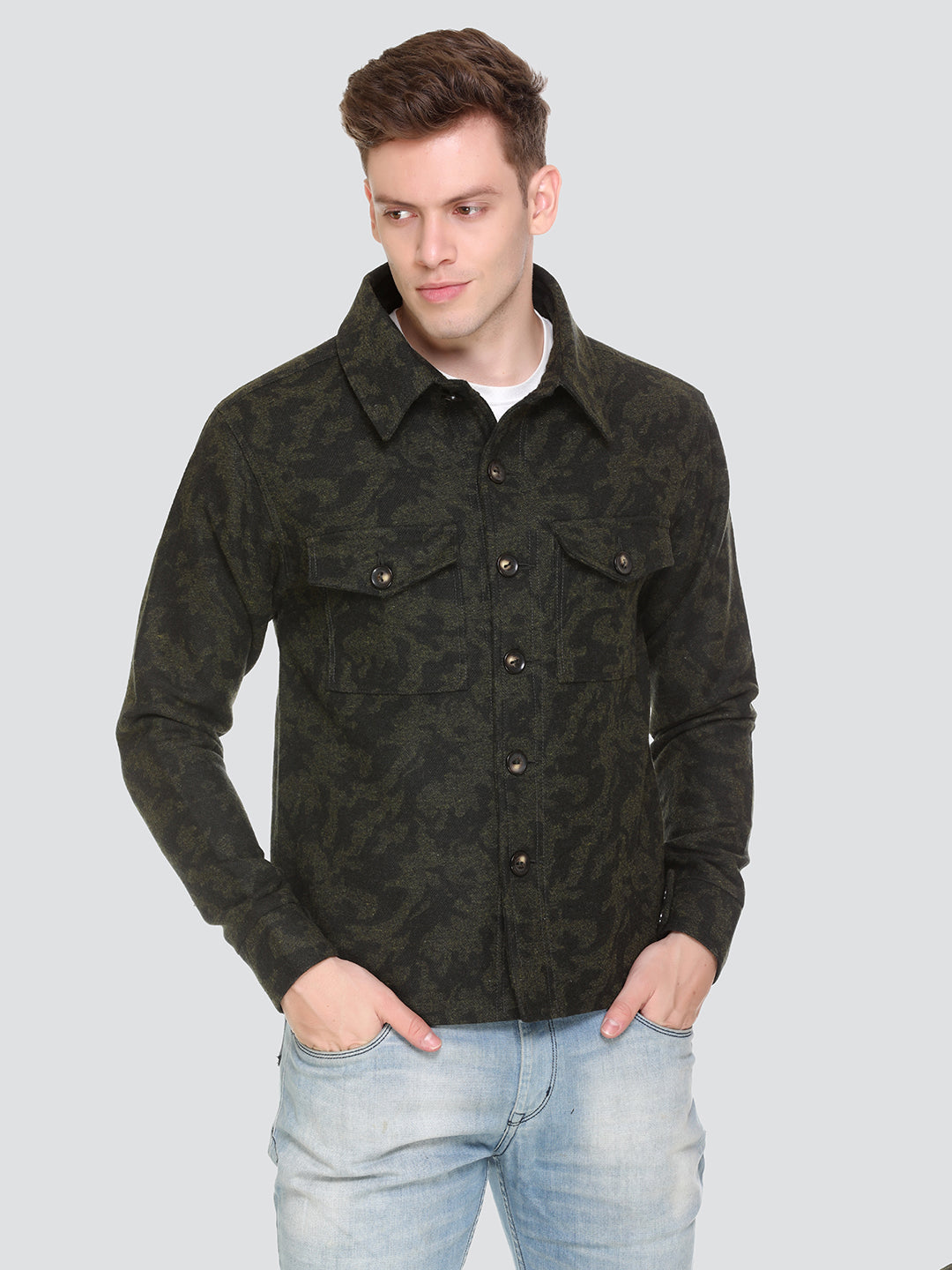 HONNETE Men Olive Green Camouflage Acrylic Lightweight Denim Jacket