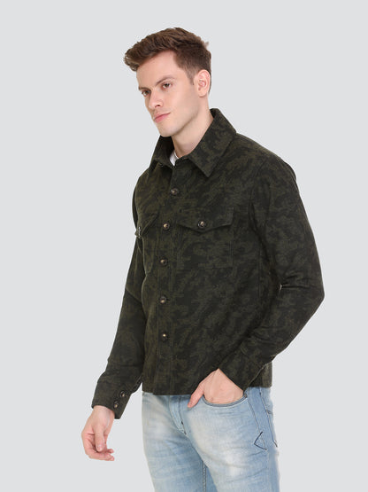 HONNETE Men Olive Green Camouflage Acrylic Lightweight Denim Jacket