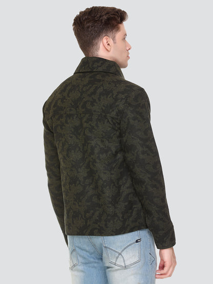 HONNETE Men Olive Green Camouflage Acrylic Lightweight Denim Jacket