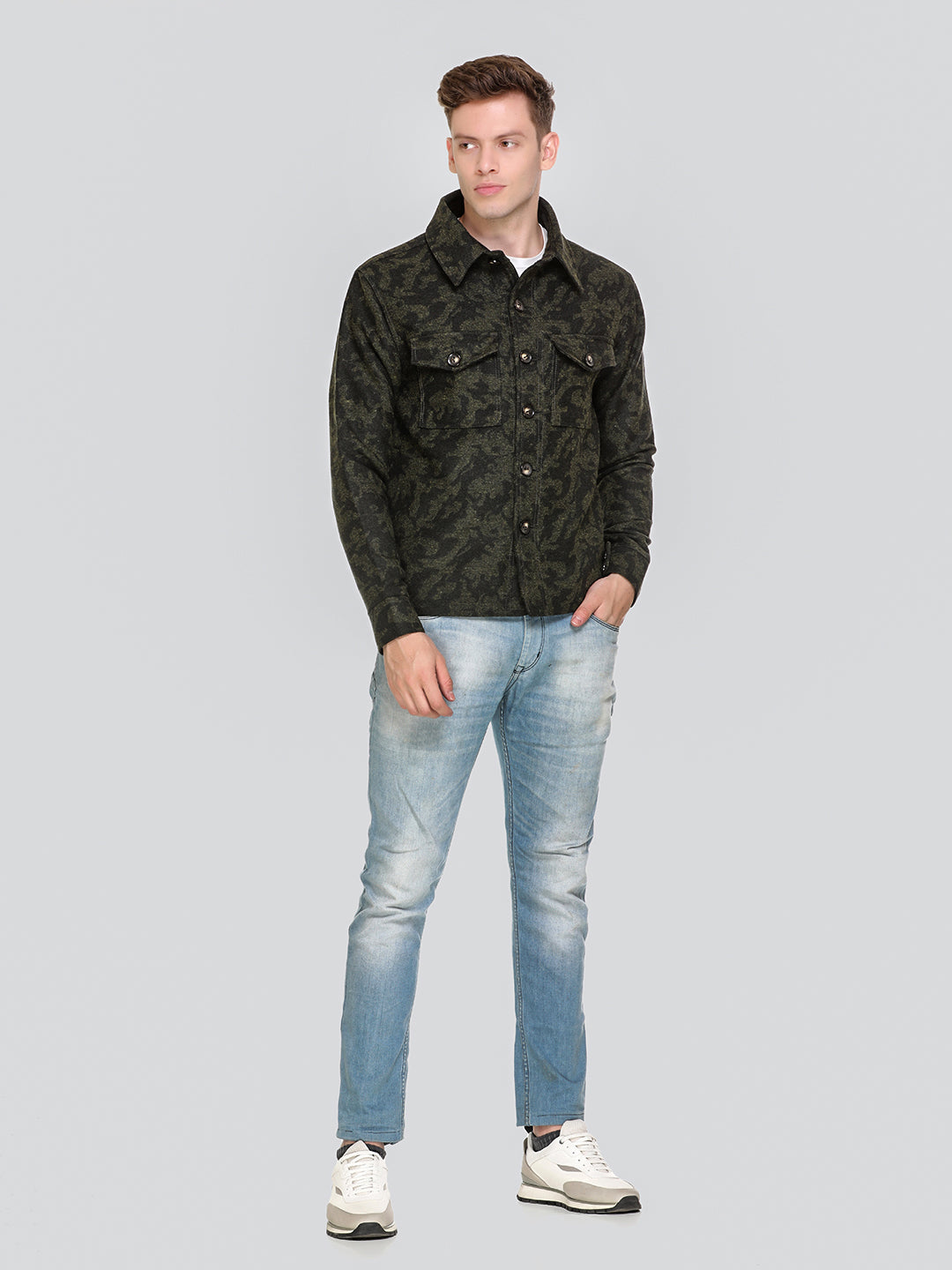 HONNETE Men Olive Green Camouflage Acrylic Lightweight Denim Jacket