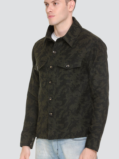 HONNETE Men Olive Green Camouflage Acrylic Lightweight Denim Jacket