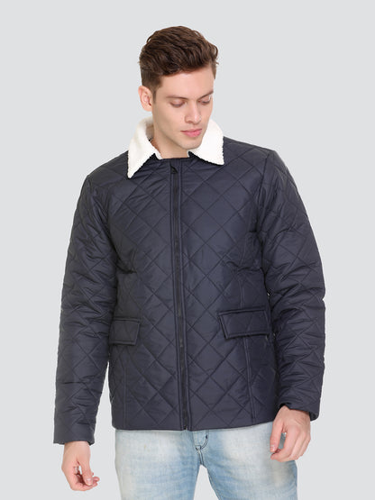 HONNETE Men Navy Blue White Checked Lightweight Outdoor Quilted Jacket