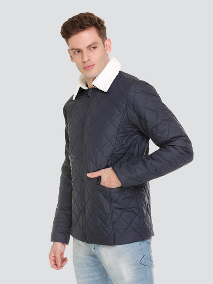 HONNETE Men Navy Blue White Checked Lightweight Outdoor Quilted Jacket