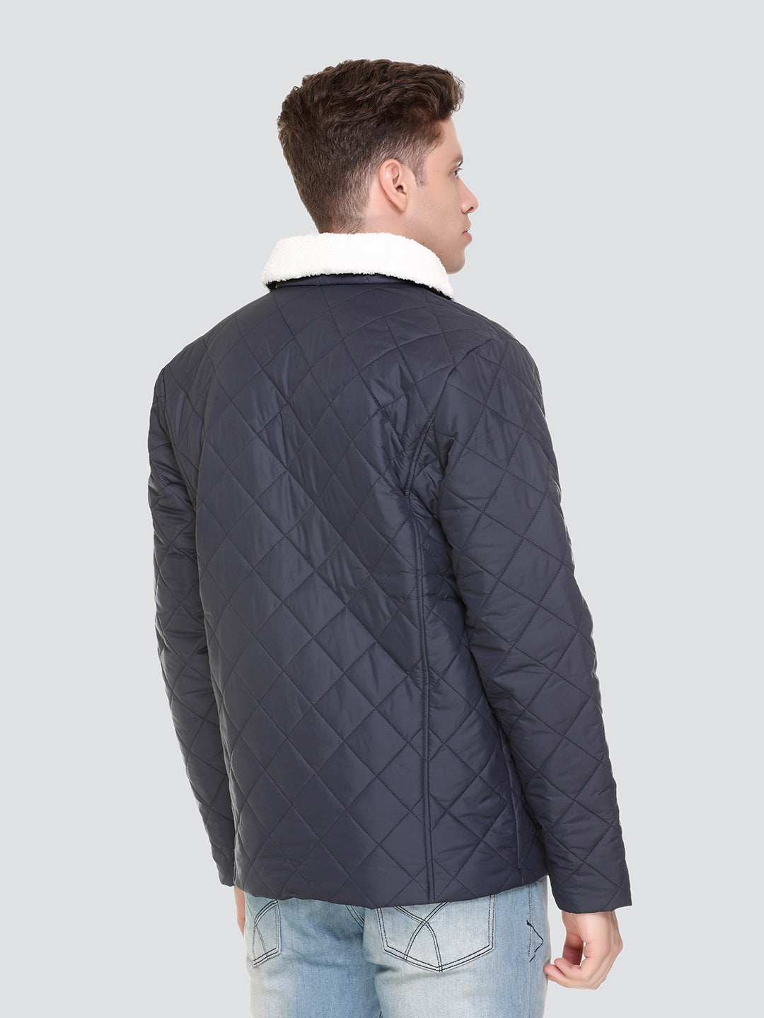 HONNETE Men Navy Blue White Checked Lightweight Outdoor Quilted Jacket