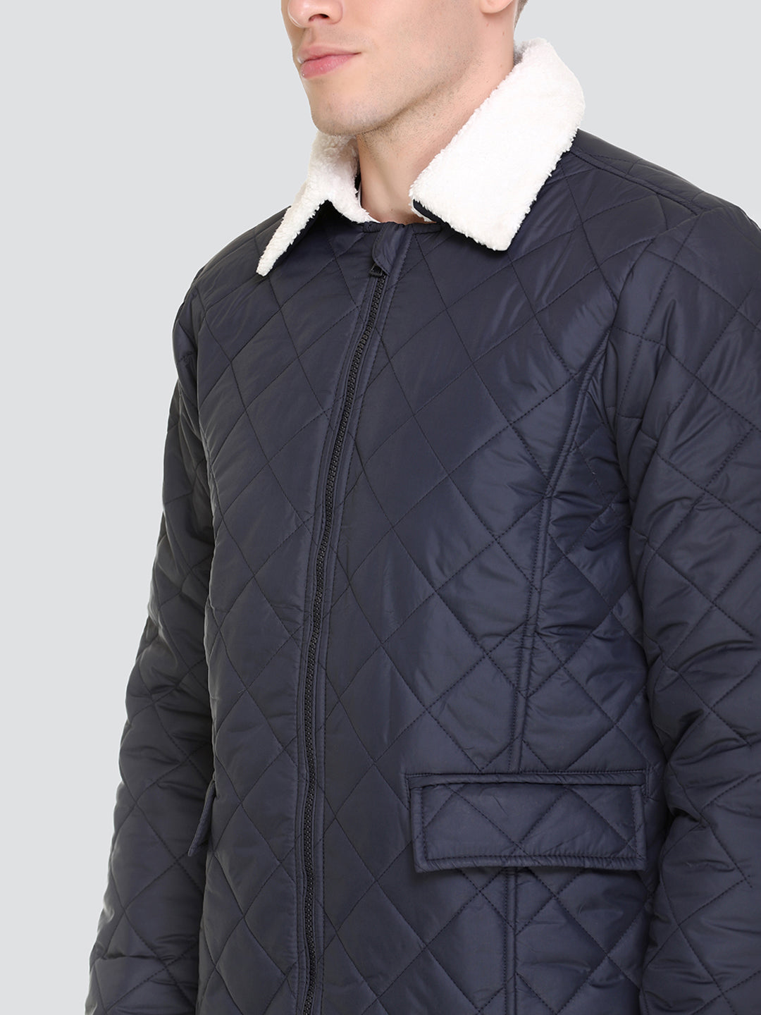 HONNETE Men Navy Blue White Checked Lightweight Outdoor Quilted Jacket