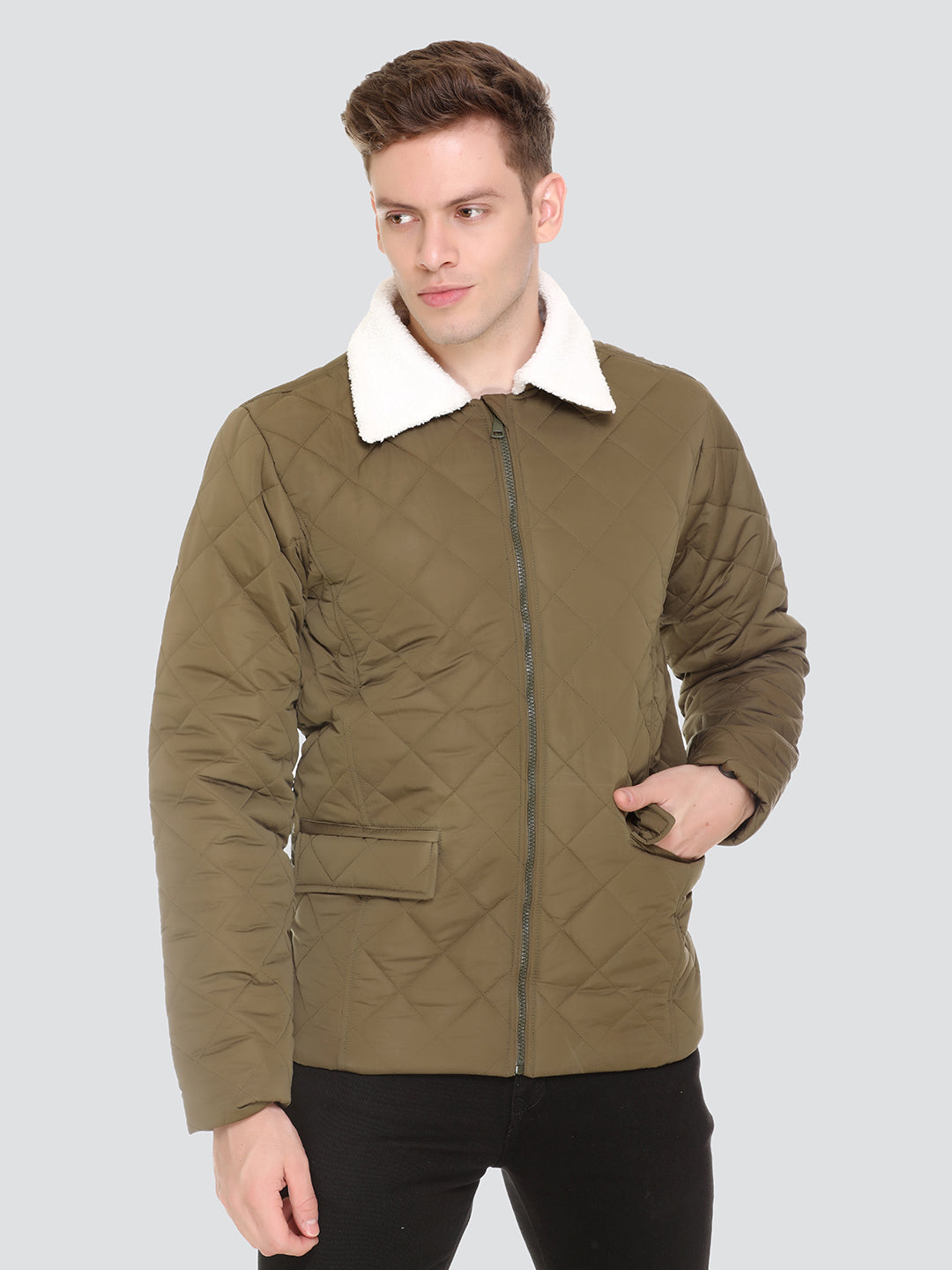 HONNETE Men Olive Green Lightweight Outdoor Quilted Jacket