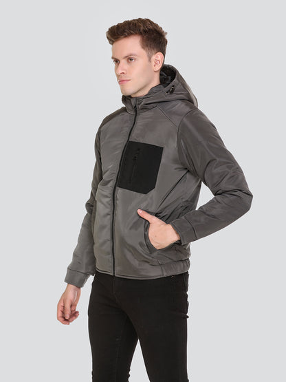 HONNETE Men Grey Lightweight Outdoor Padded Jacket with Patchwork