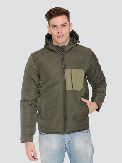 HONNETE Men Olive Green Solid Hooded Lightweight Padded Jacket