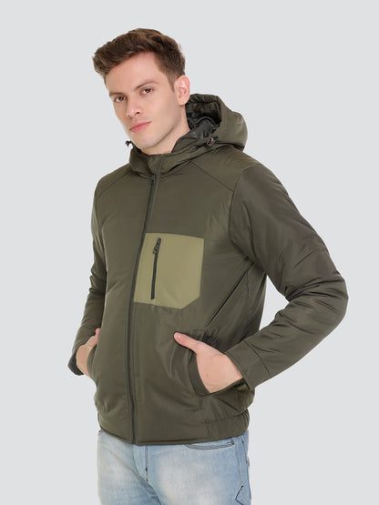 HONNETE Men Olive Green Solid Hooded Lightweight Padded Jacket