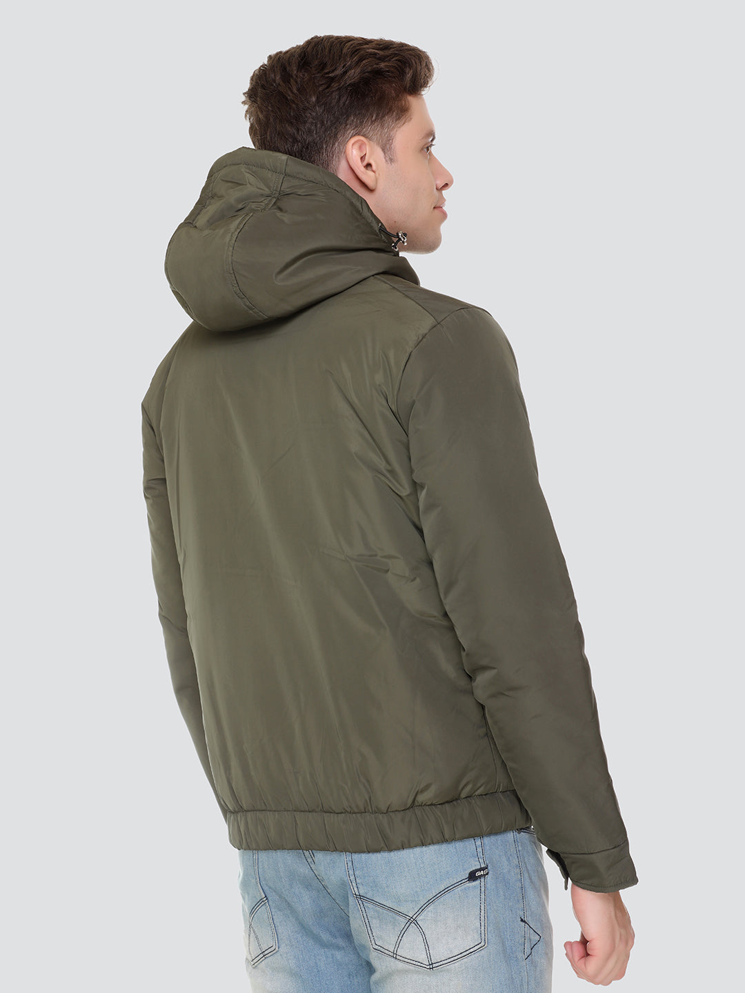 HONNETE Men Olive Green Solid Hooded Lightweight Padded Jacket