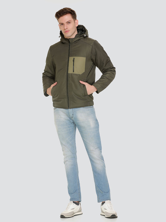 HONNETE Men Olive Green Solid Hooded Lightweight Padded Jacket