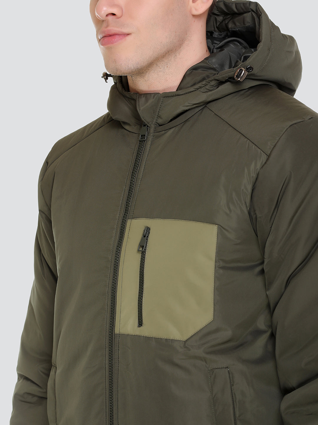 HONNETE Men Olive Green Solid Hooded Lightweight Padded Jacket