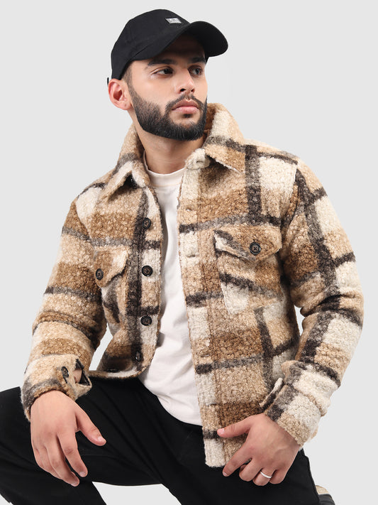 Beige Brown Regular Fit Sherpa Check Men's Shacket With Closure Type of Stylish Button And 100% Polyester With Two Pockets Warm Coat For Men  In Winter Fashion