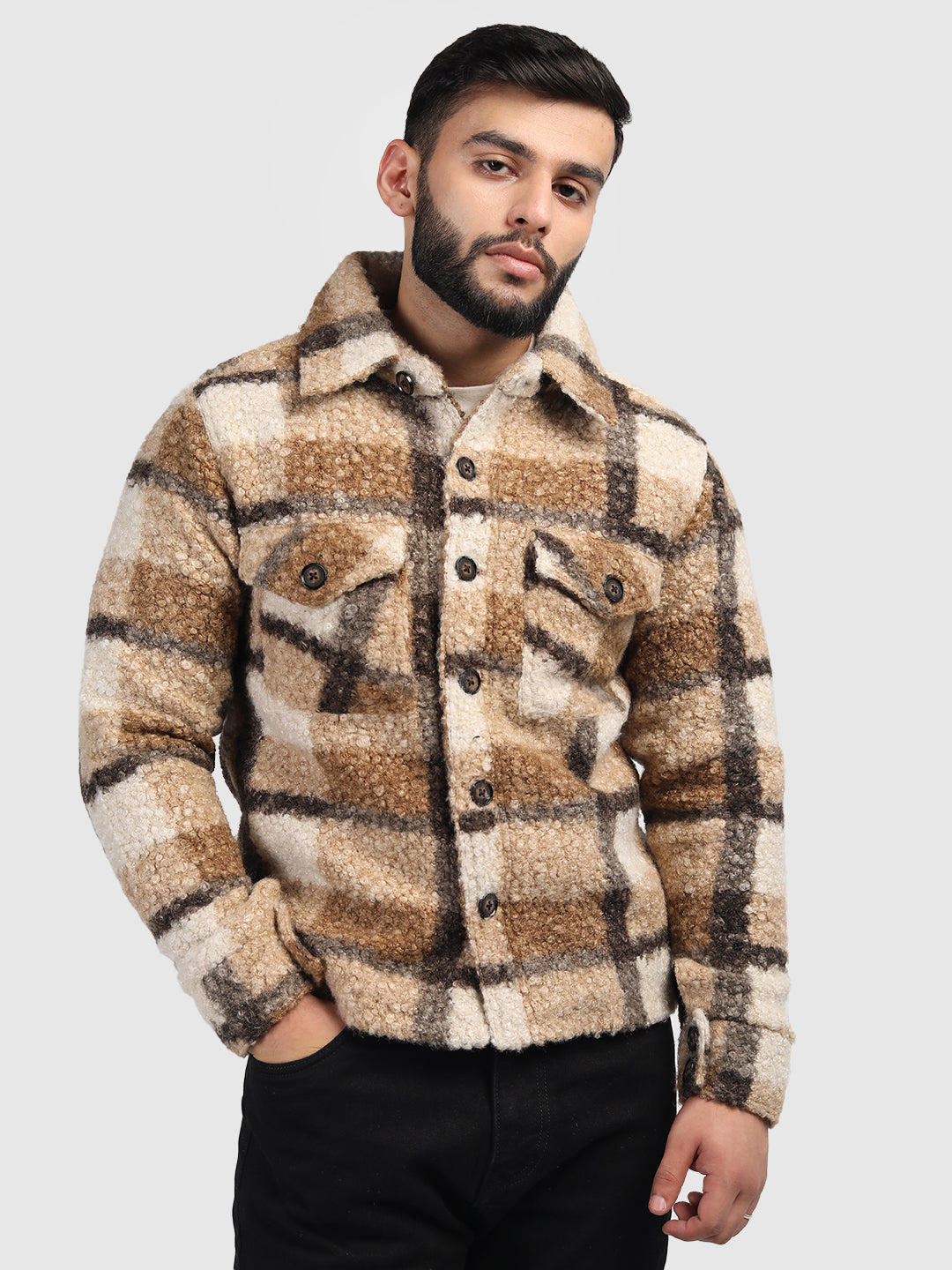 Beige Brown Regular Fit Sherpa Check Men's Shacket With Closure Type of Stylish Button And 100% Polyester With Two Pockets Warm Coat For Men  In Winter Fashion