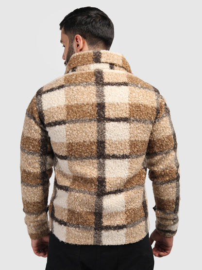 Beige Brown Regular Fit Sherpa Check Men's Shacket With Closure Type of Stylish Button And 100% Polyester With Two Pockets Warm Coat For Men  In Winter Fashion