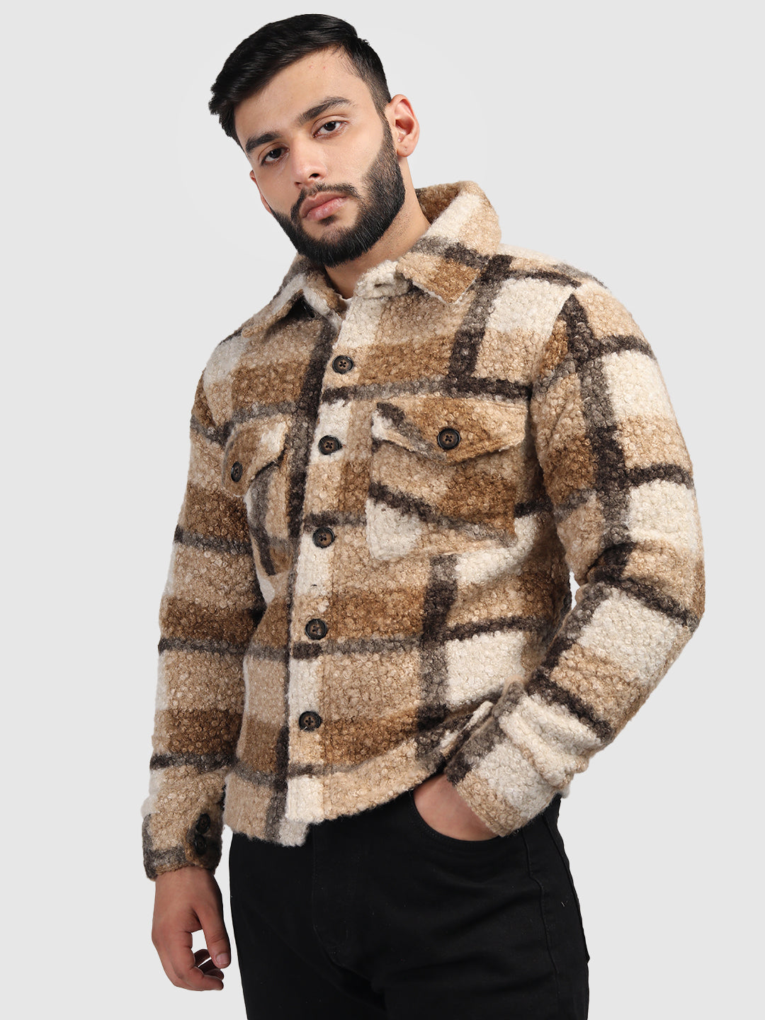 Beige Brown Regular Fit Sherpa Check Men's Shacket With Closure Type of Stylish Button And 100% Polyester With Two Pockets Warm Coat For Men  In Winter Fashion