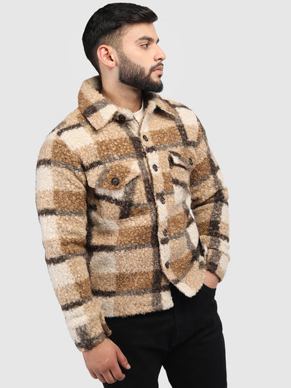 Beige Brown Regular Fit Sherpa Check Men's Shacket With Closure Type of Stylish Button And 100% Polyester With Two Pockets Warm Coat For Men  In Winter Fashion