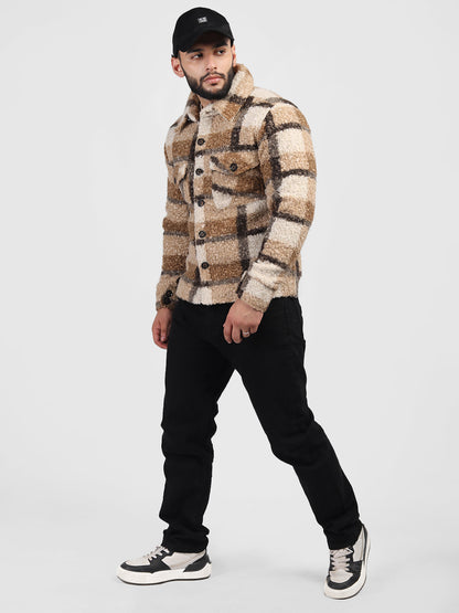 Beige Brown Regular Fit Sherpa Check Men's Shacket With Closure Type of Stylish Button And 100% Polyester With Two Pockets Warm Coat For Men  In Winter Fashion