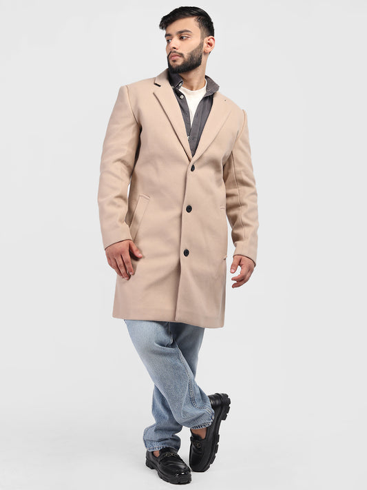 Beige Regular Fit Single Breasted Mens,s Solid Coat With Closure Type of Stylish Button And 93%polyester 3% Acrlyic Polyester With Two Pockets Warm Coat For Men  For Winter Fashion