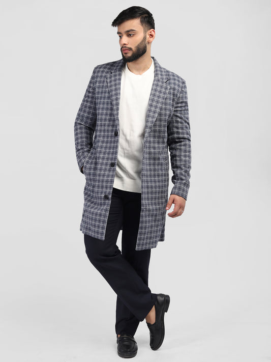 Greyblue Check Regular Fit Single Breasted Mens,s Solid Coat With Closure Type of Stylish Button And 93%polyester 3% Acrlyic Polyester With Two Pockets Warm Coat For Men  For Winter Fashion