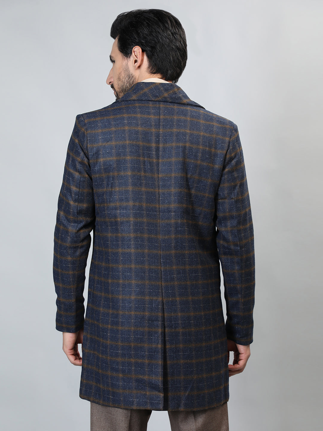 HONNETE Checked Double-Breasted Longline Pea Coat