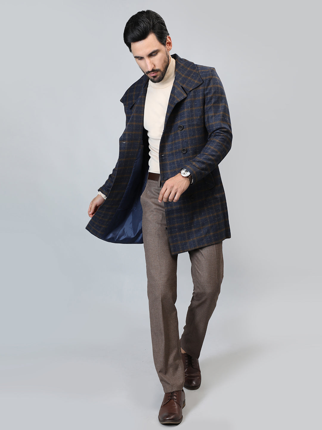 HONNETE Checked Double-Breasted Longline Pea Coat