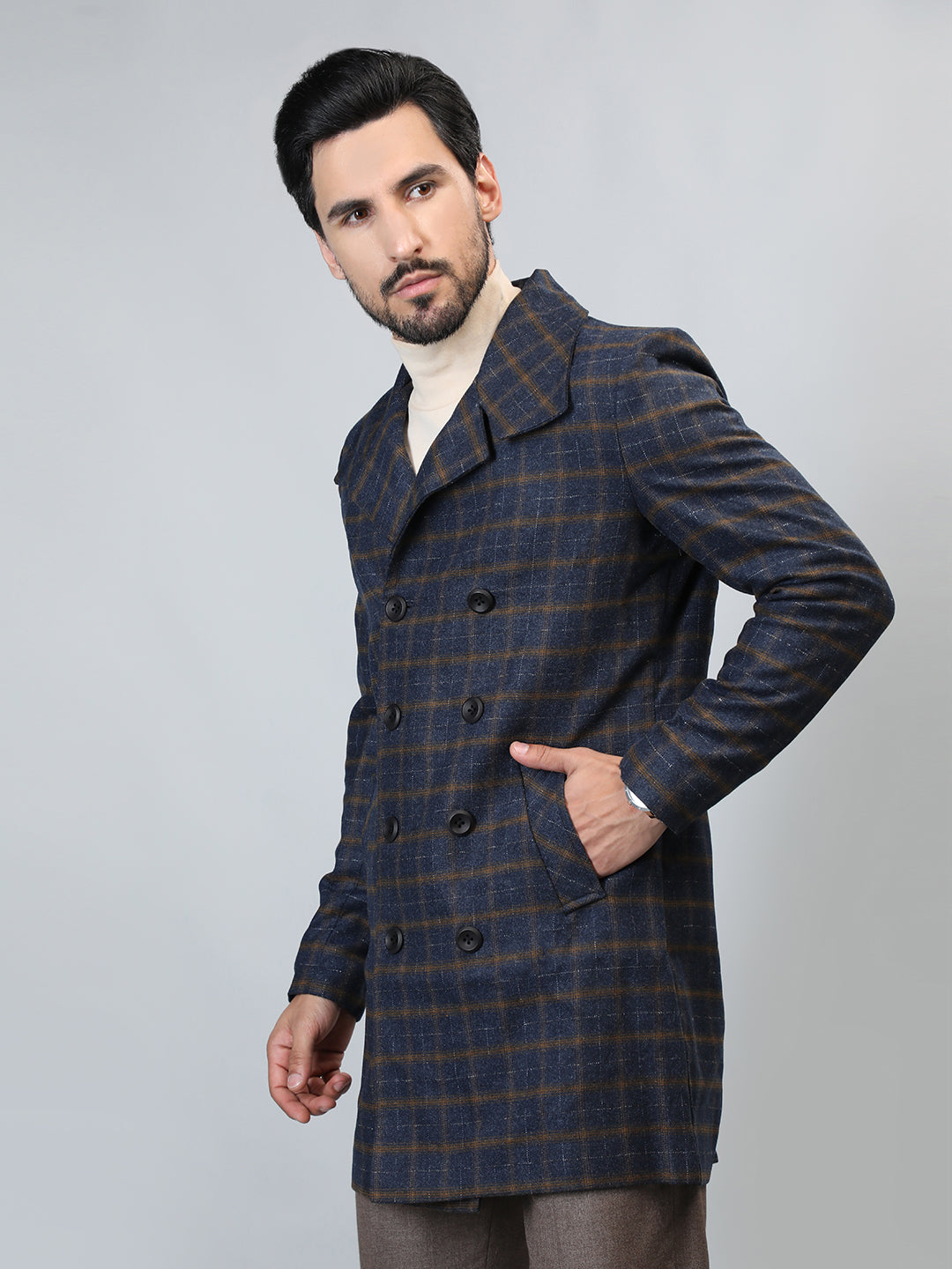 HONNETE Checked Double-Breasted Longline Pea Coat