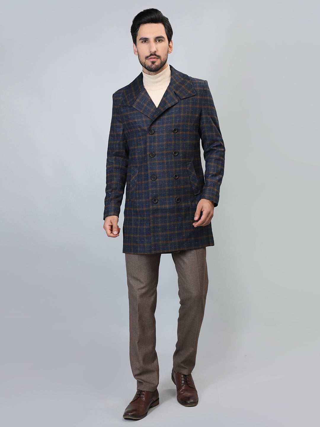 HONNETE Checked Double-Breasted Longline Pea Coat