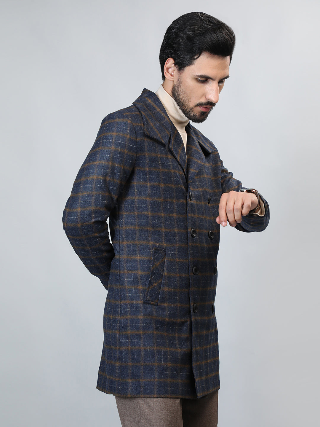 HONNETE Checked Double-Breasted Longline Pea Coat