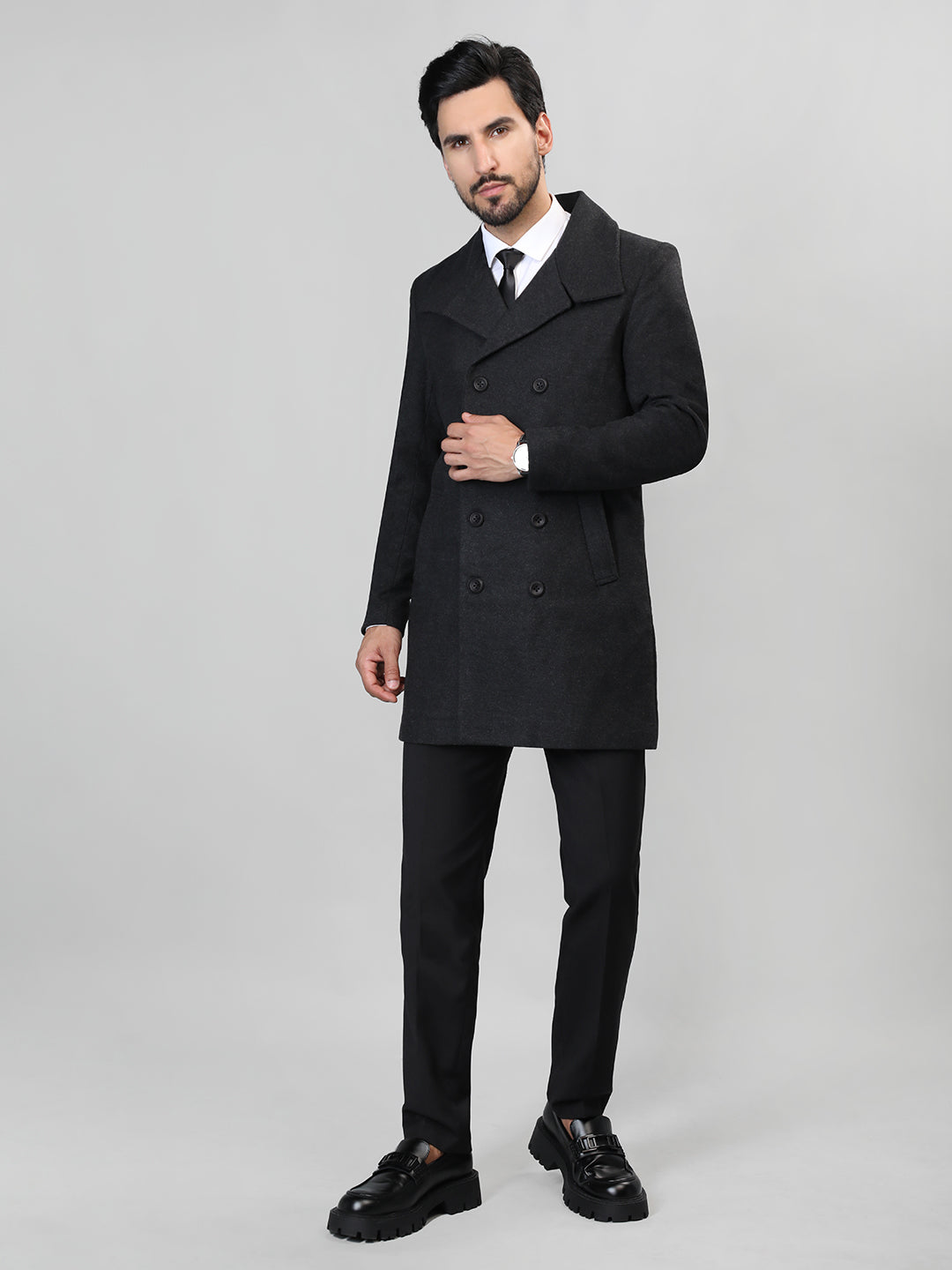 HONNETE Double-Breasted Notched Lapel Longline Pea Coat