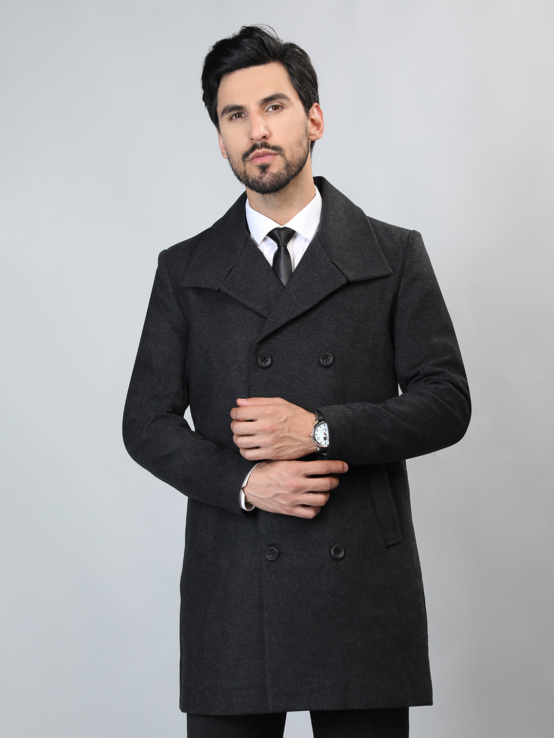 HONNETE Double-Breasted Notched Lapel Longline Pea Coat