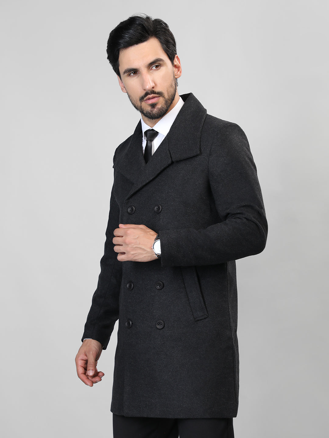 HONNETE Double-Breasted Notched Lapel Longline Pea Coat