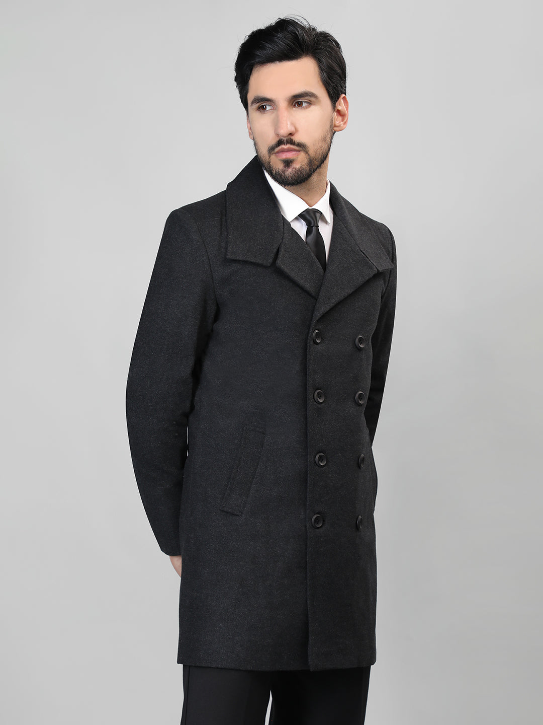 HONNETE Double-Breasted Notched Lapel Longline Pea Coat