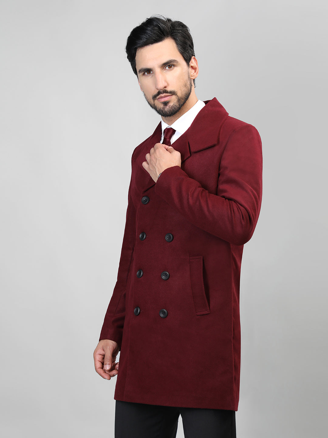 HONNETE Double-Breasted Notched Lapel Longline Pea Coat