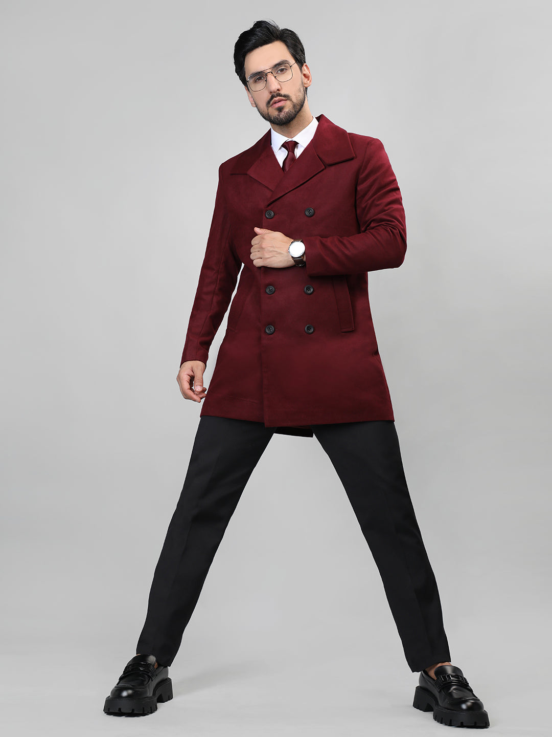 HONNETE Double-Breasted Notched Lapel Longline Pea Coat