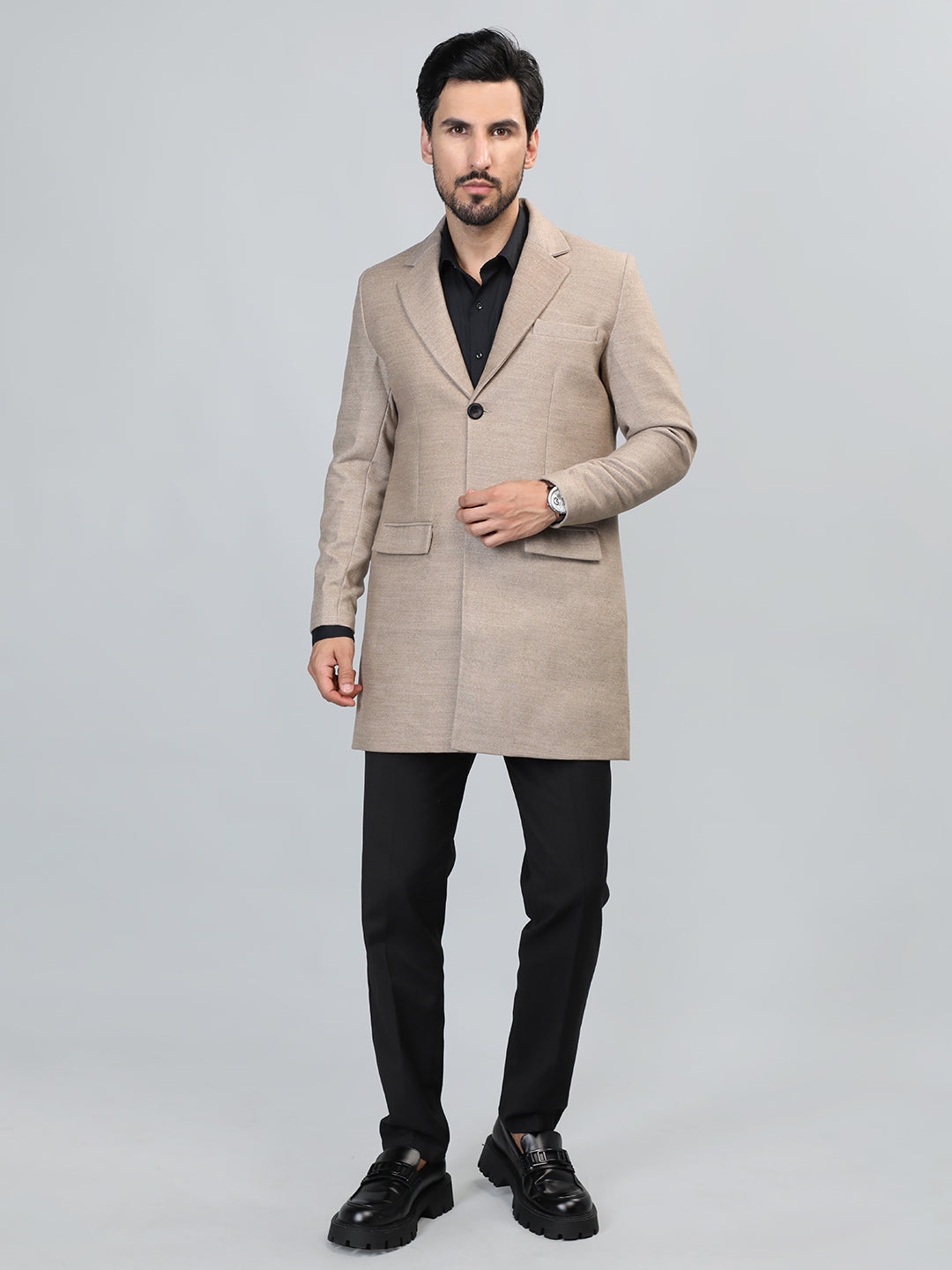 HONNETE Single-Breasted Notched Lapel Longline Trench Coat