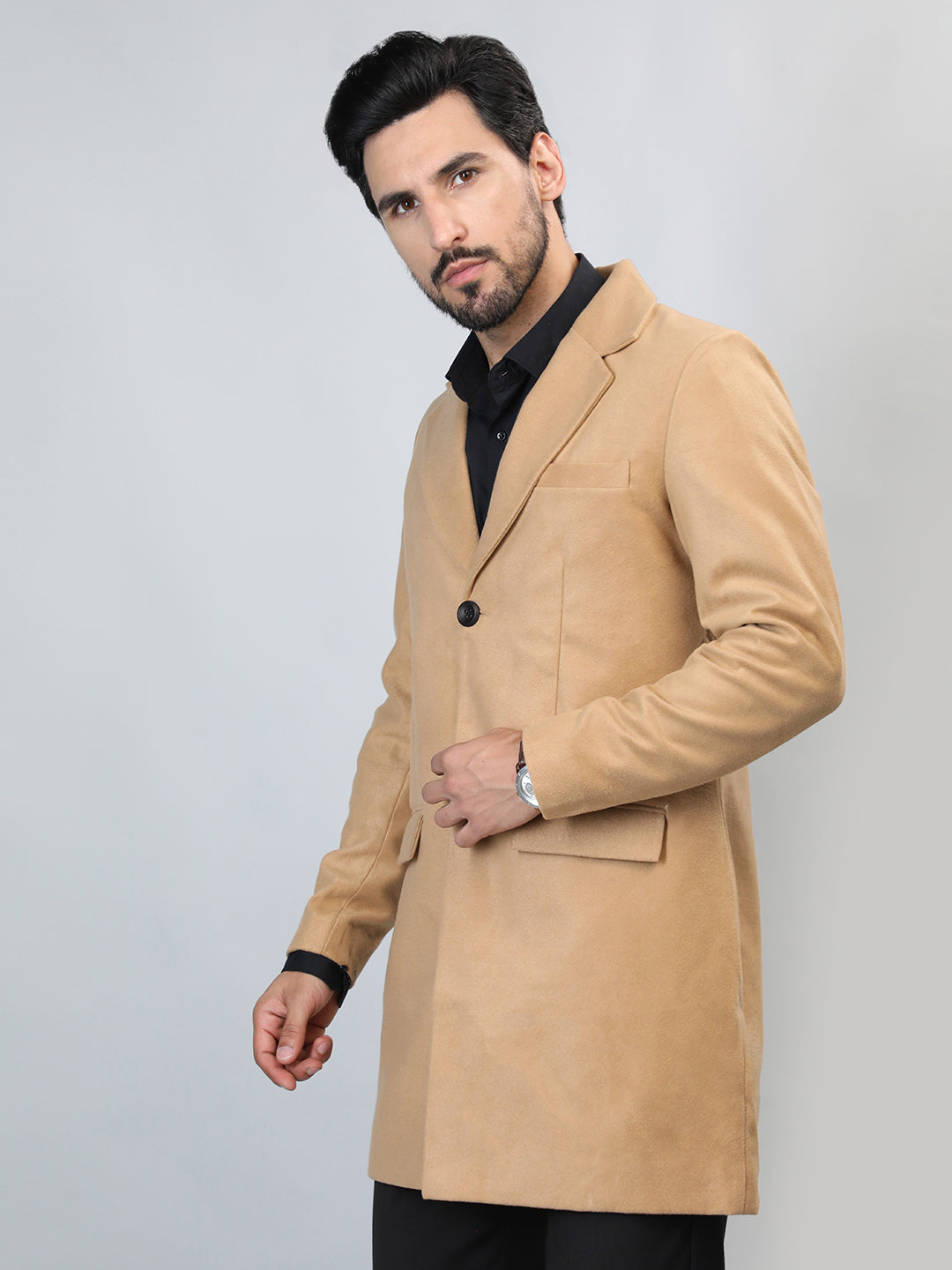 HONNETE Single-Breasted Notched Lapel Longline Trench Coat