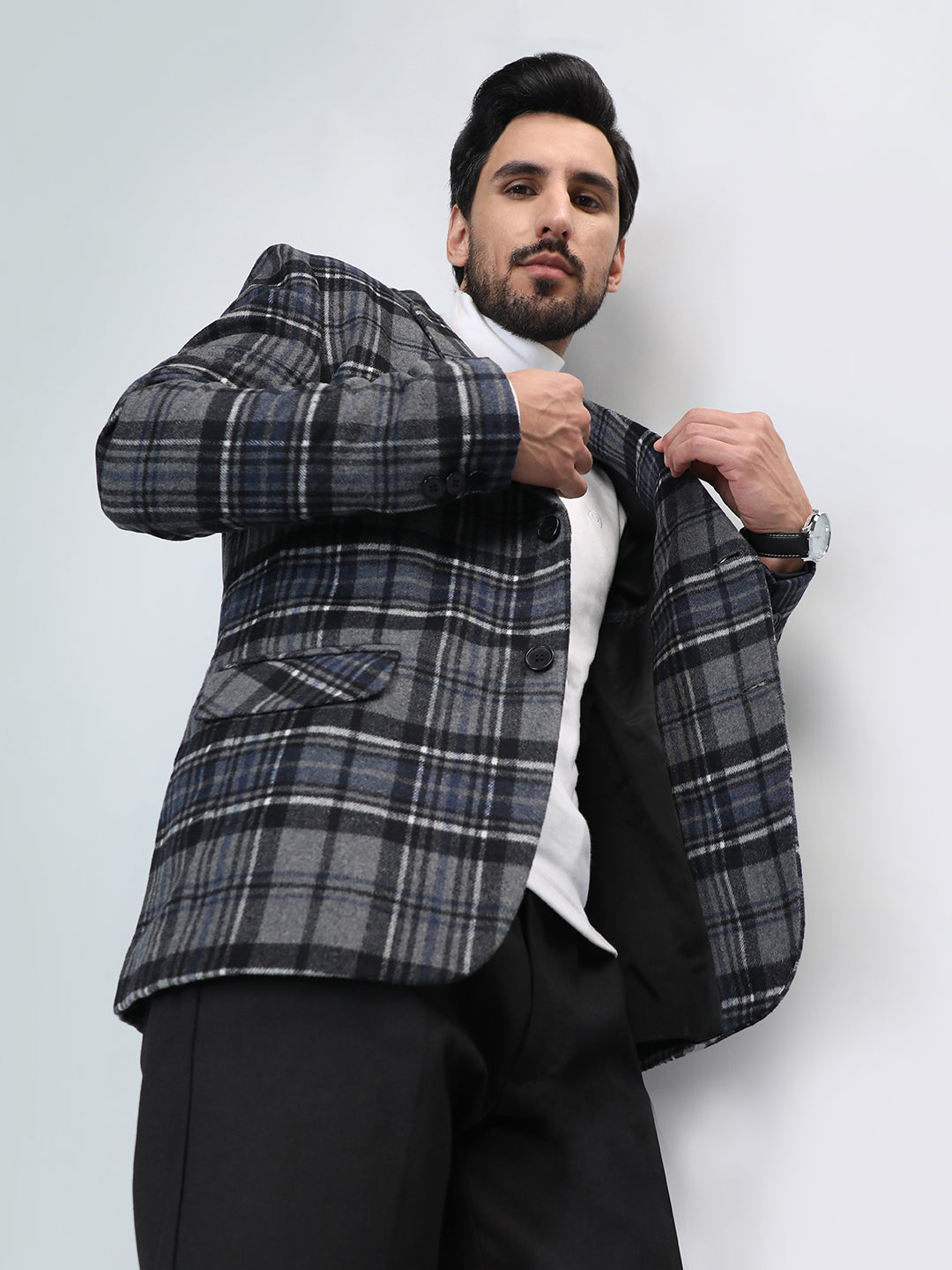 HONNETE Checked Notched Lapel Single-Breasted Blazers