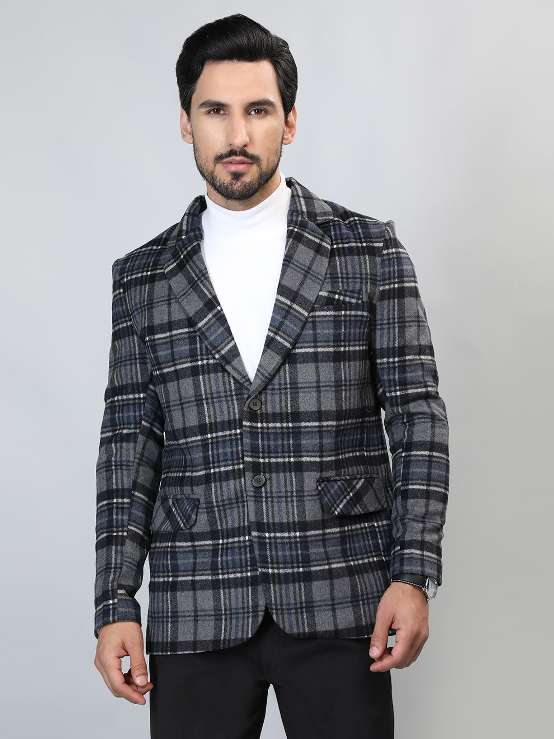 HONNETE Checked Notched Lapel Single-Breasted Blazers