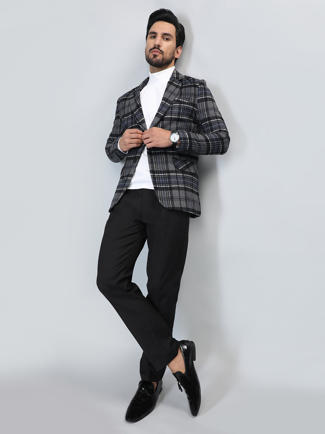 HONNETE Checked Notched Lapel Single-Breasted Blazers