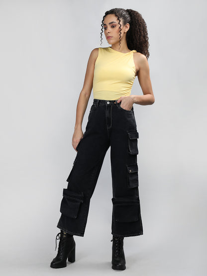 Honnete Women Casual Straight Fit Black Cargo jeans with 9 Pockets