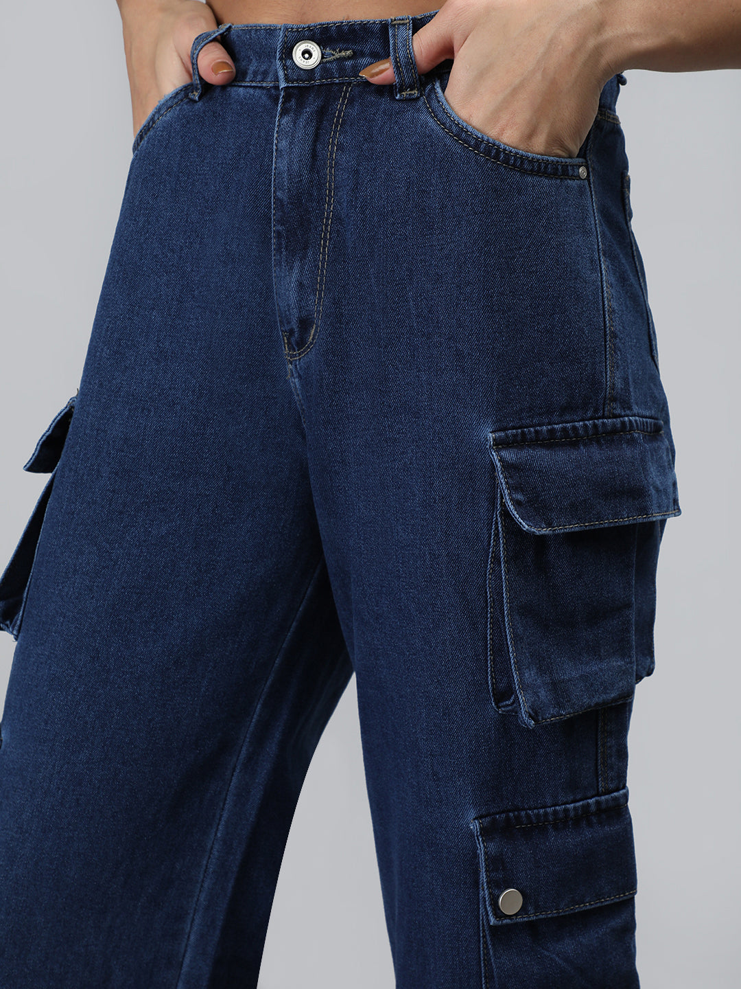 Honnete Women Casual Straight Fit Blue Cargo jeans with 10 Pockets