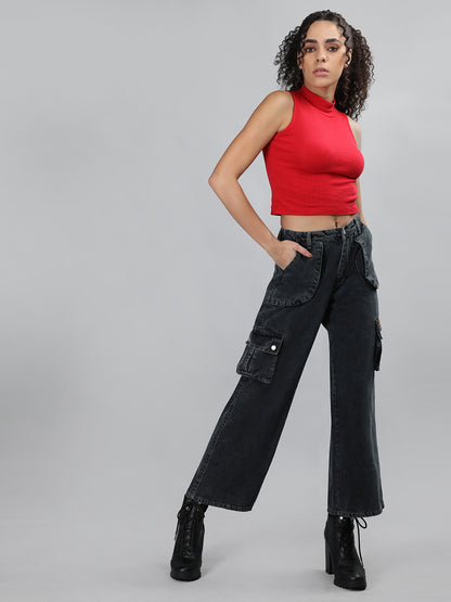 Honnete Women Casual Straight Fit Black Cargo jeans with 9 Pockets.