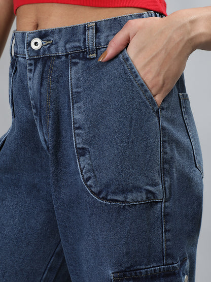 Honnete Casual Straight Fit Denim Blue Cargo jeans with 6 Pockets.