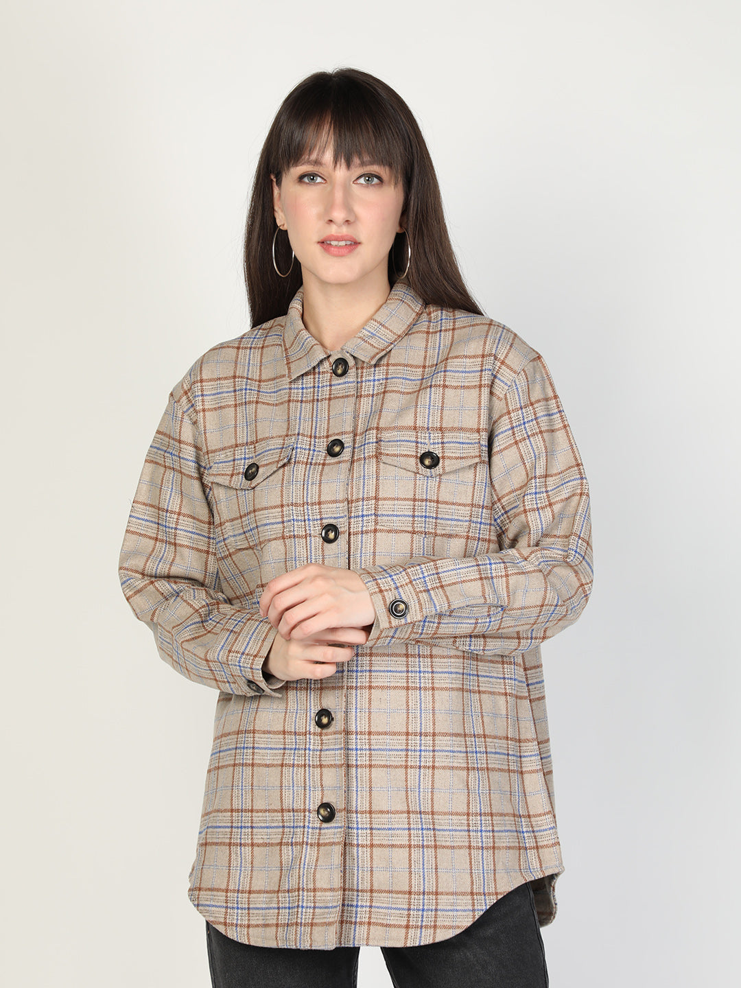 HONNETE Women Beige  Brown Checked Acrylic Longline Shackets