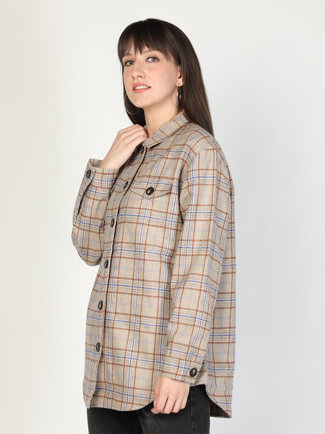 HONNETE Women Beige  Brown Checked Acrylic Longline Shackets