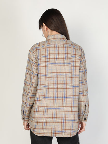 HONNETE Women Beige  Brown Checked Acrylic Longline Shackets